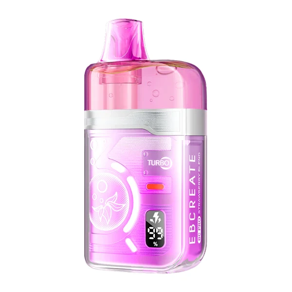 A sleek Foger Bit 35K device in hand, displaying the strawberry ice foger branding against a cool blue background with ice crystals